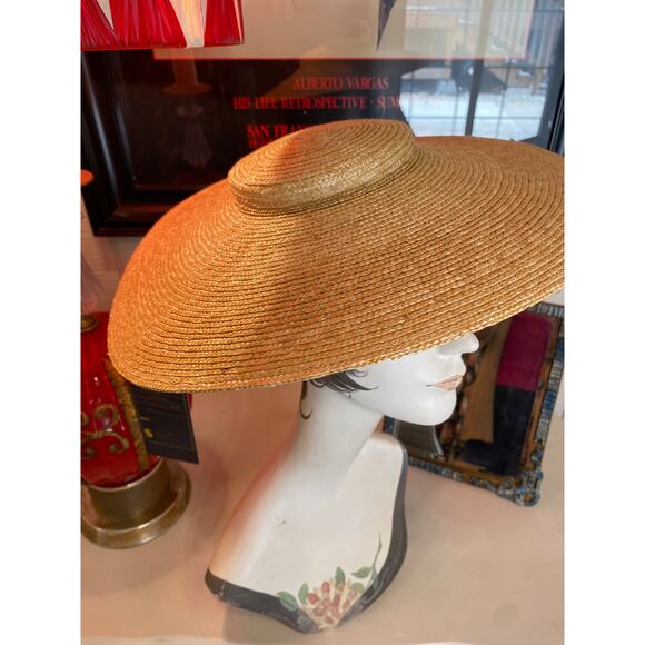 vintage wide brim straw hat saucer platter cartwheel 1940s fashion summer 40s - Picture 2 of 5